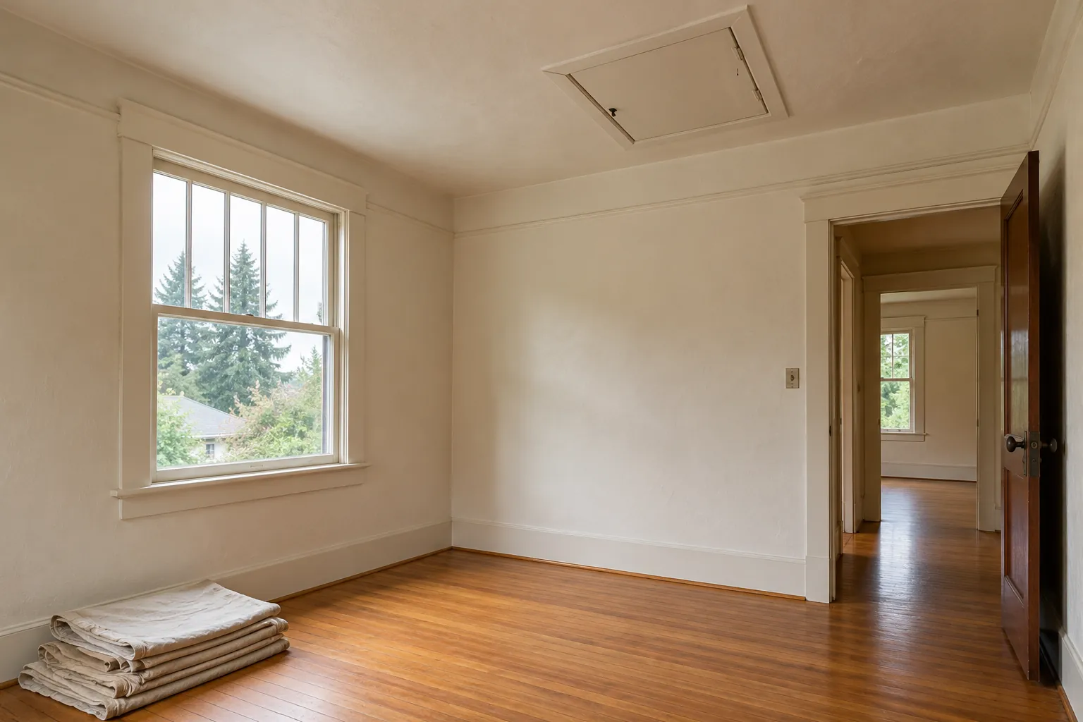 Empty upstairs bedroom in an older house with a ceiling attic hatch and folded drop cloths