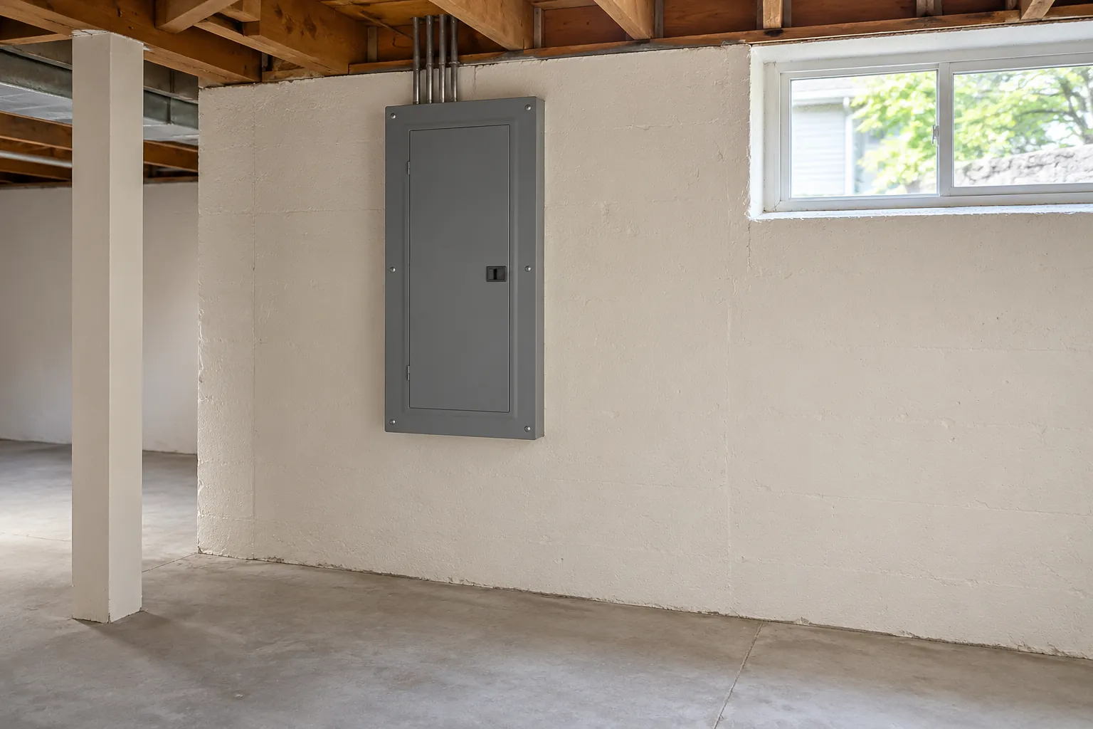 Gray electrical panel mounted on a painted basement wall below exposed floor joists