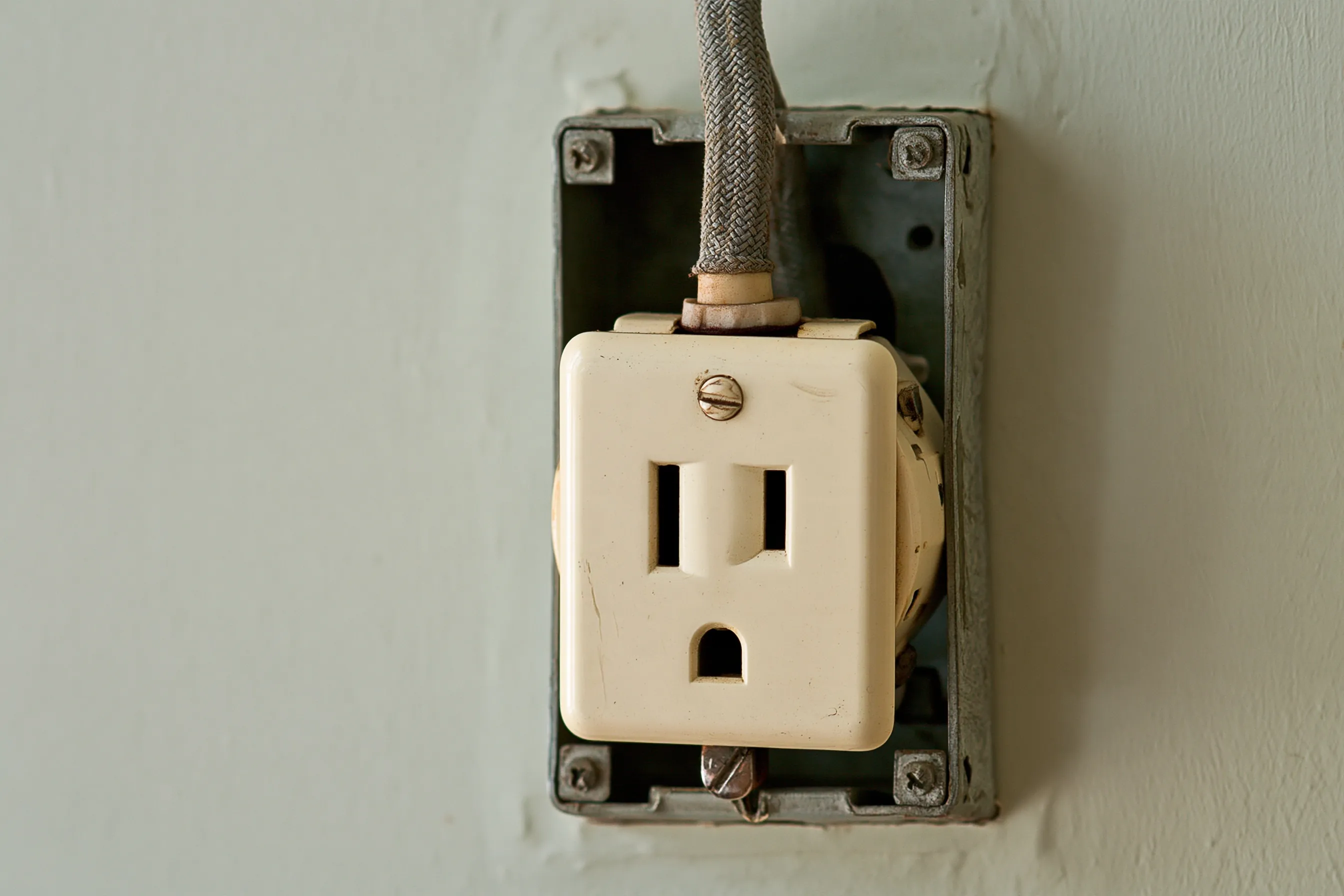 Old outlet pulled forward from a metal box in a plaster wall, with aged cloth-covered cable entering the box