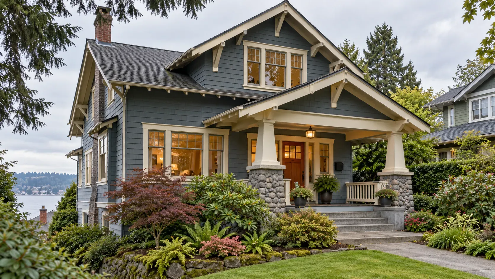 Gray older house with a covered front porch, stone porch piers and a planted front garden