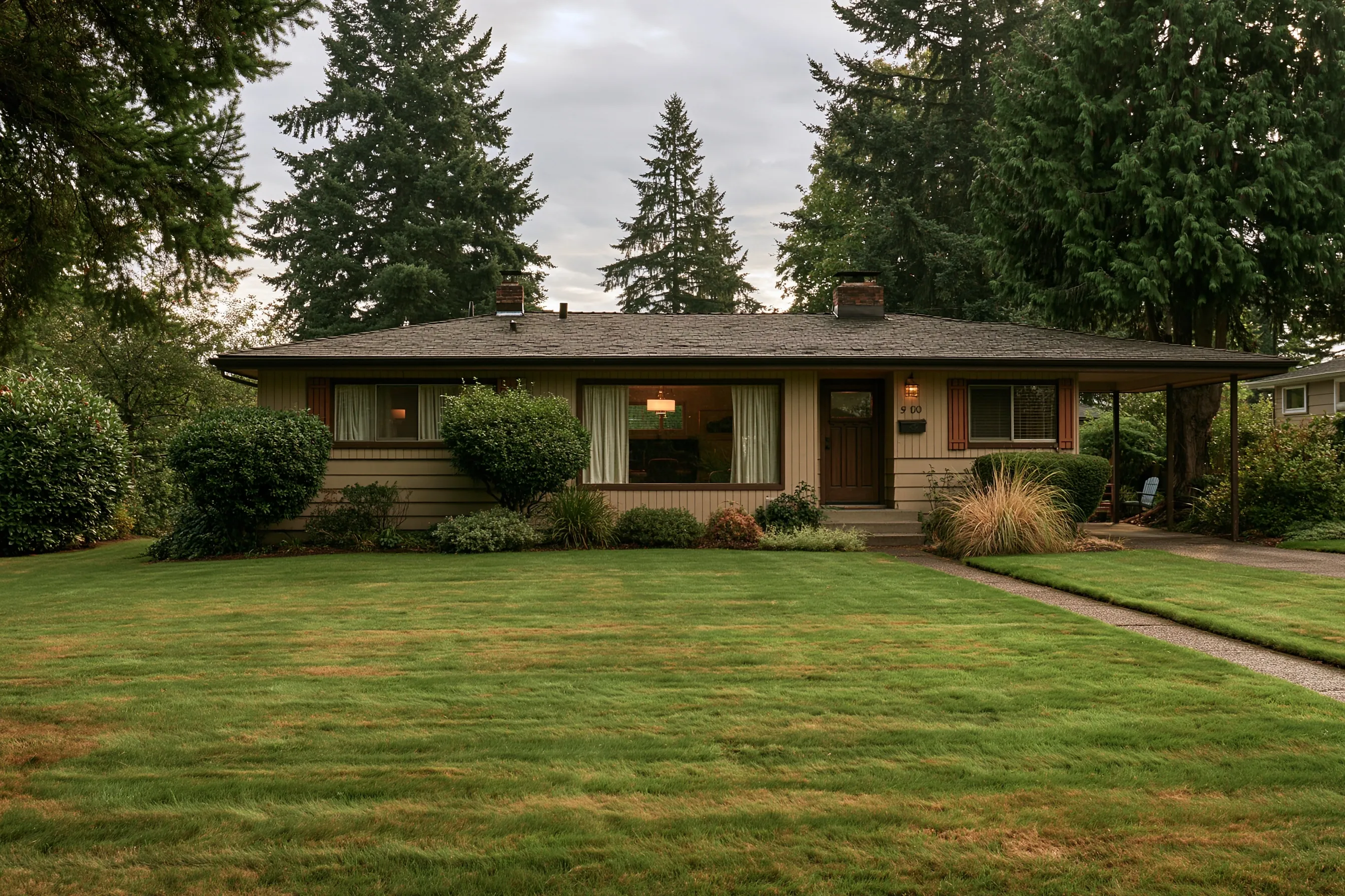 Modest 1950s single-story Pacific Northwest rambler with a low-pitched roof, painted wood siding, a picture window and a carport